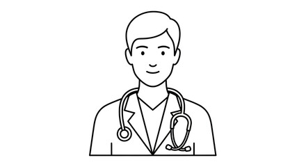 Fototapeta premium Minimalist doctor line art illustration, professional male physician with stethoscope, medical healthcare worker avatar on white background