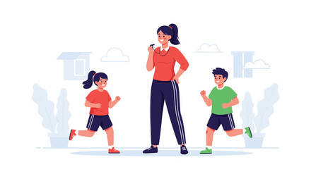 Fototapeta premium Energetic female sports coach blowing a whistle while training two young children during an outdoor running session.