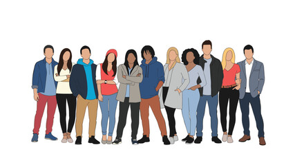 Obraz premium Diverse group of young people from different ethnicities standing together in a line with a casual style.