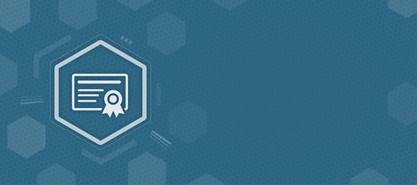 Abstract digital background with certificate icon inside a hexagon for business certification and professional qualifications concept