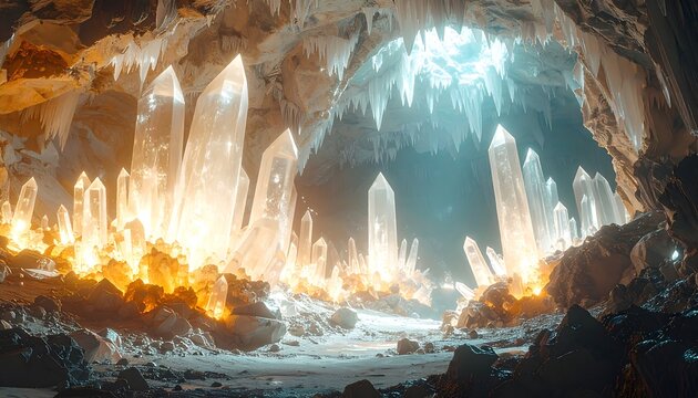Glistening crystals illuminate a rocky cavern, forming an ethereal landscape. Sunlight pours in, creating stark contrasts