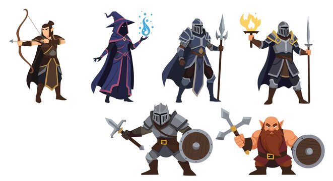 Diverse group of fantasy role-playing game characters including an elf archer, powerful mage, stoic knights, and a stout dwarf warrior.