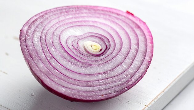 Close-up of sliced red onion on white surface, concentric circular layers from deep purple outer rings to lighter purple and white center, crisp moist texture highlighting natural geometry and vivid c