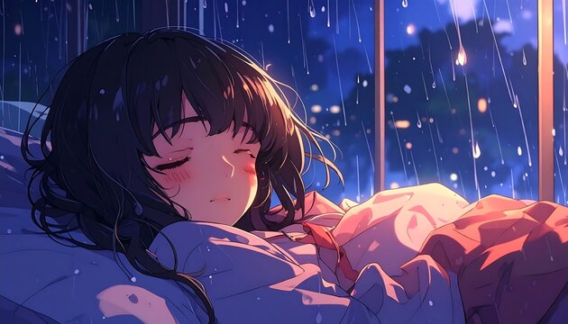 Girl sleeping peacefully in bed, dark hair, flushed cheeks, window with falling rain