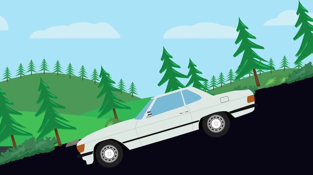 Retro car animation going down the valley on the street, nature trees background