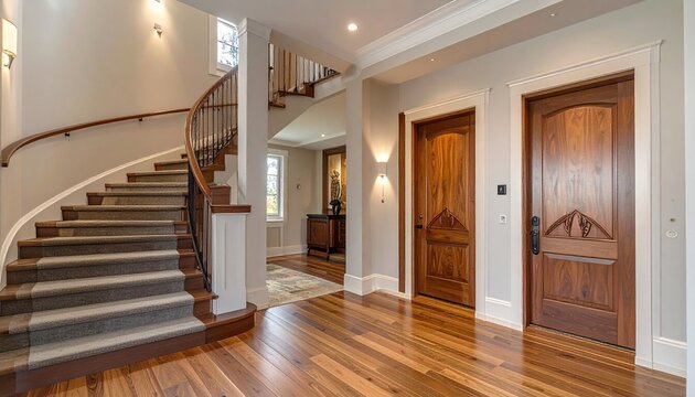 Elegant residential foyer with curved staircase, wooden steps and carpet runner, polished hardwood floor, decorative wooden doors, wall-mounted lights, hallway leading to furnished room, warm inviting