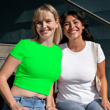 Smiling friends enjoying sunny day, suitable as mockup