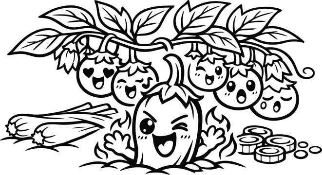 Happy cartoon eggplant with zucchini and peppers black and white line art hand drawn eggplant