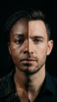Two individuals, a woman and a man, are shown in a split-screen format highlighting contrasting skin tones and facial features