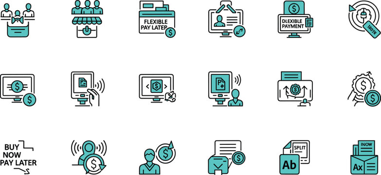 Buy now pay later fintech line icon set featuring flexible payments installment shopping digital finance and online transactions
