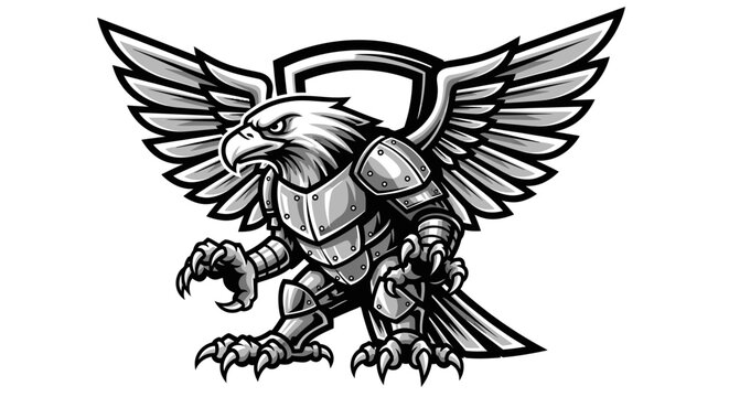 Eagle mascot vector illustration in armor with spread wings and shield