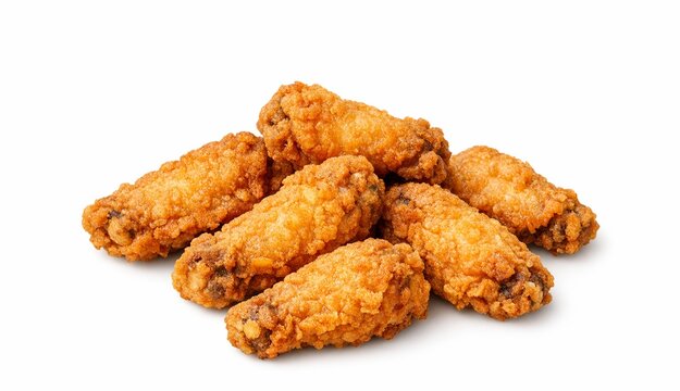Golden crispy fried chicken wings, freshly cooked and seasoned, isolated on a clean white background. Perfect for food menus, advertising, and recipes.