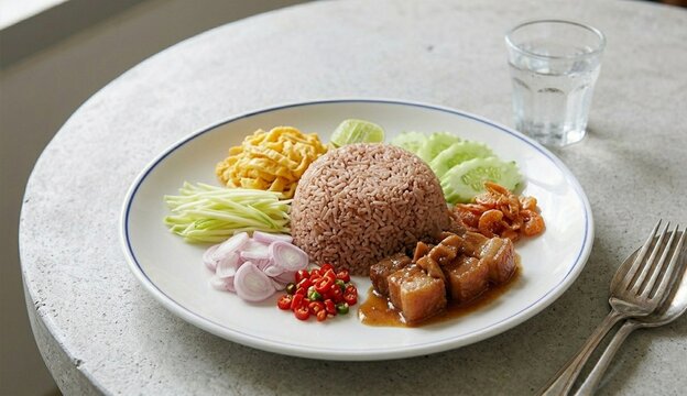 Authentic Thai shrimp paste fried rice served with sweet pork, shredded omelet, crispy shrimp, sliced mango, shallots, chili, and cucumber slices, khao kruk kapi