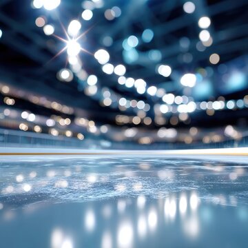 Ice rink surface with bright lights and reflections in the background