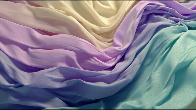 Flowing pastel fabric with soft drapes and gentle waves, showcasing a gradient of delicate colors and smooth textures.