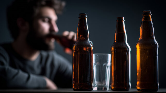 Man drinking alcohol alone in a dark moody setting, expressing loneliness, addiction, depression, and emotional mental health struggles