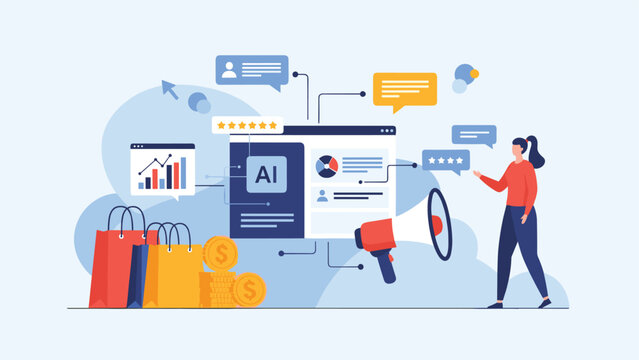 Innovative artificial intelligence marketing strategy featuring automated data analysis, digital charts, and smart shopping solutions.