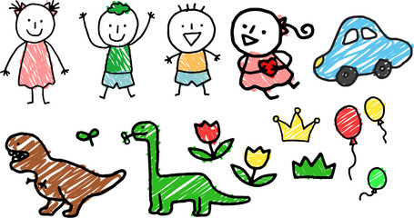Fototapeta premium Kids Crayon Doodle Drawing and Hand Drawn Scribble Element Vector Set