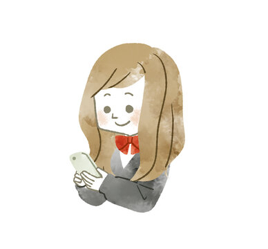 スマートフォンを使っている女子学生-水彩