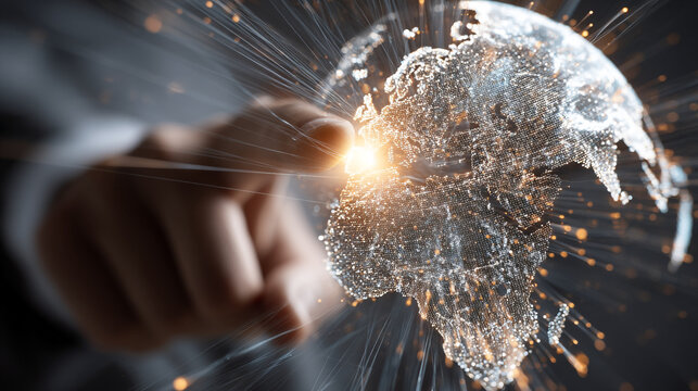 Close-up of a hand touching a glowing, shattering crystal ball with light particles
