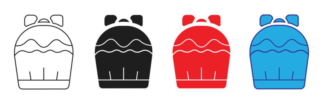 Set of four simple outline and filled icons representing a stylized chef hat in black, red, and blue, with a white line drawing for versatility and design.
