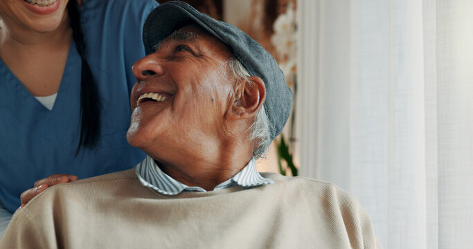 Caregiver, support and old man in nursing home with laugh, funny story or bonding together for wellness. Healthcare, nurse and senior person smile in retirement center with joke, humor and assistance