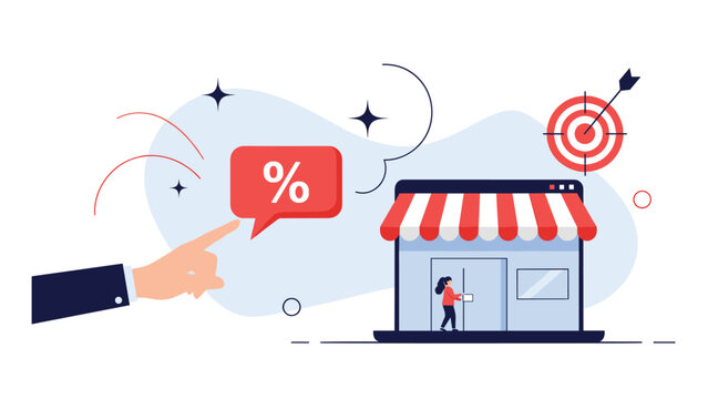 Hand points to discount bubble near laptop showing digital storefront icon and target symbol illustrating online shopping promotions.