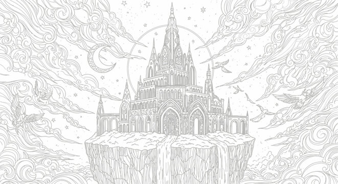 Fantasy castle illustration above clouds with detailed architectural design