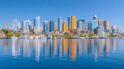 Obraz premium A vibrant modern city skyline reflects across calm blue water under a clear sky, featuring sleek glass skyscrapers and a harbor with yachts.