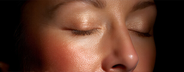 Fototapeta premium Close-up of a person's face showing smooth, glowing skin with eyes closed, highlighting natural beauty and healthy complexion.