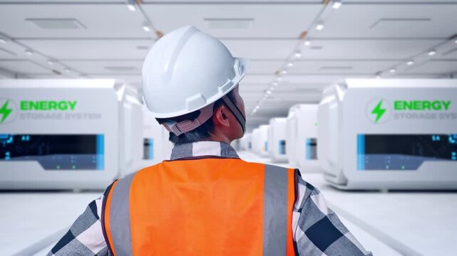 Close Up Back View Of A Male Engineer Wearing Safety Helmet Looking Around While Standing With Arms Akimbo at Modular Energy Storage Systems