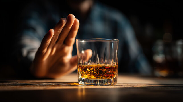 Man rejecting a glass of whiskey with a stopping hand gesture, representing sobriety, alcohol refusal, healthy lifestyle, and addiction awareness
