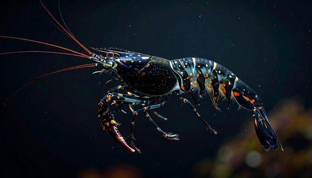 A vibrant crustacean displays detail underwater with spotted colors