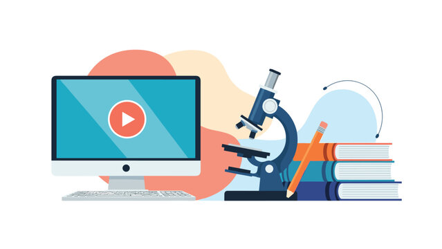 Digital science education concept featuring computer monitor with video play button next to microscope and stacks of colorful books.