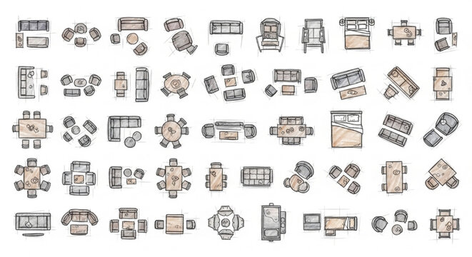 Detailed Furniture Layout Icons &ndash; 2D Floor Plan Vector Top View Collection
