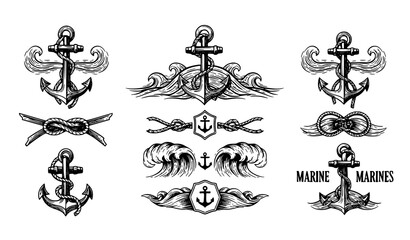 Anchor and waves design elements – vintage nautical marine emblem vector © MdMostafijur