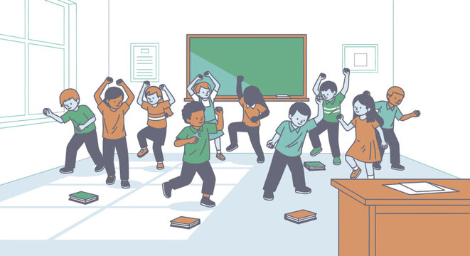 Students in a classroom throwing books.