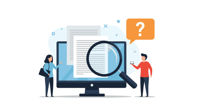 Document analysis and digital file inspection concept shows people examining electronic papers through a large magnifying glass.