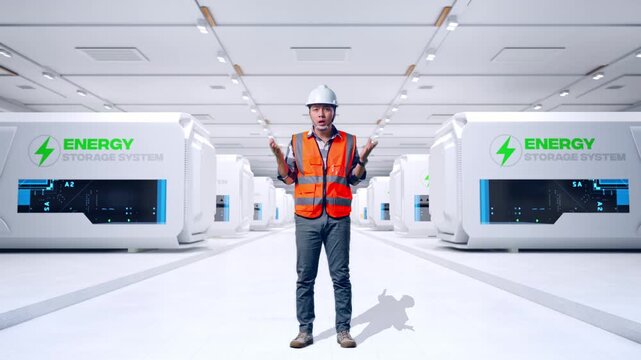 Full Body Of Wondering Asian Male Engineer With Safety Helmet Saying Why Working Doubtfully at Modular Energy Storage Systems
