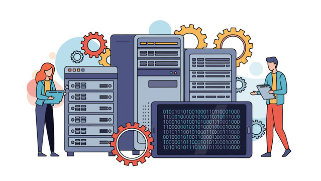 Data center management and IT infrastructure concept features people working with server racks, gears, and a tablet with code.