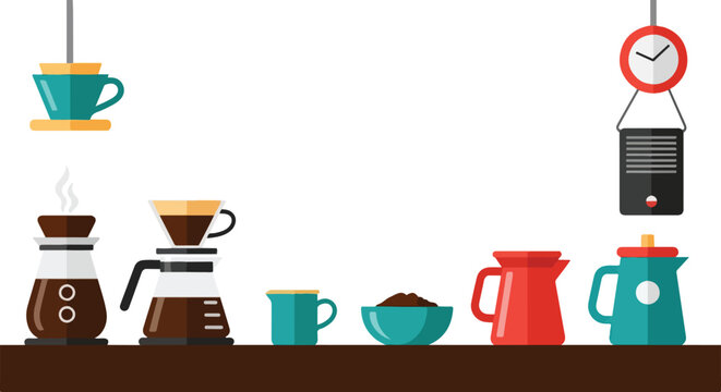 This flat vector illustration showcases various coffee-making tools, including carafes, mugs, and a dripper, arranged neatly on a dark countertop.