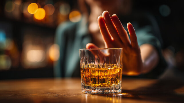 Woman refusing a glass of whiskey in a bar, representing sobriety, self control, healthy lifestyle choices and alcohol rejection awareness