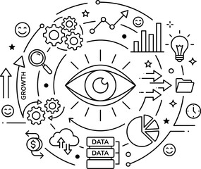 Fototapeta premium Data analysis and business growth concept with eye symbol on white background isolated