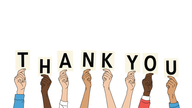 Series of diverse hands of various skin tones holding up white cards spelling out the phrase thank you on a white background.