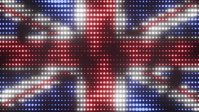 3D animated background of the British flag made of glowing, moving neon dots as a seamless loop.