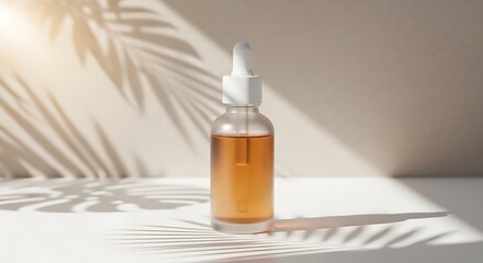 Fototapeta premium Clear glass dropper bottle with amber serum, casting palm leaf shadows on a neutral background.