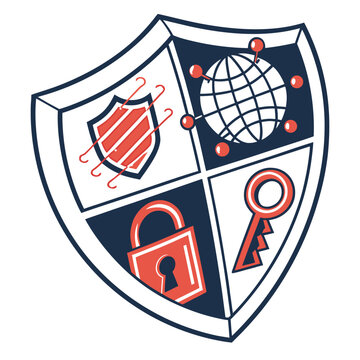 Cyber security shield with global network lock key icons illustration, internet