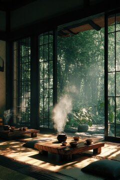 Serene Japanese Tea Room With Natural Light And Lush Greenery Sunlight Through Window