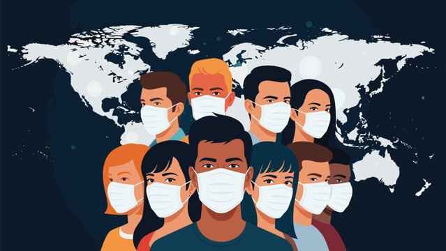 Group of diverse people wearing medical face masks in front of a world map represents the global response to a health pandemic.