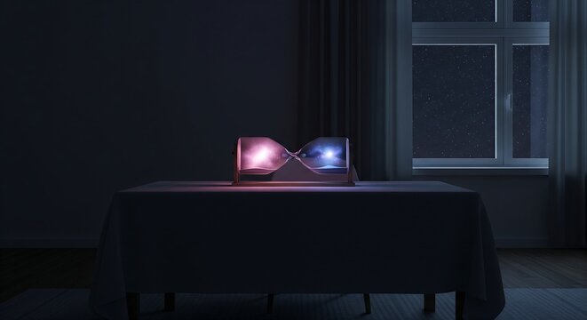 A horizontal hourglass acts as a centerpiece, containing a glowing nebTLa of soft pink and cosmic indigo. No sand, only light. The room is dark with a large window showing a clear, starry night sky. 1